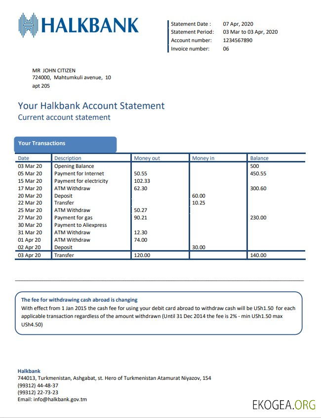 Modèle de relevé bancaire de preuve d'adresse de Turkménistan Halkbank au format Word et PDF, au format .doc et .pdf